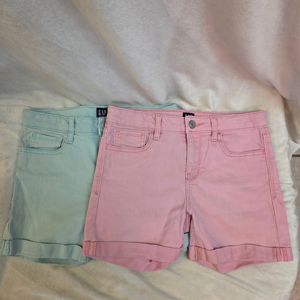 GAP Kids Girls Size 12 Stretch Midi Shorts Bundle Pink & Mint Green Cuffed Denim